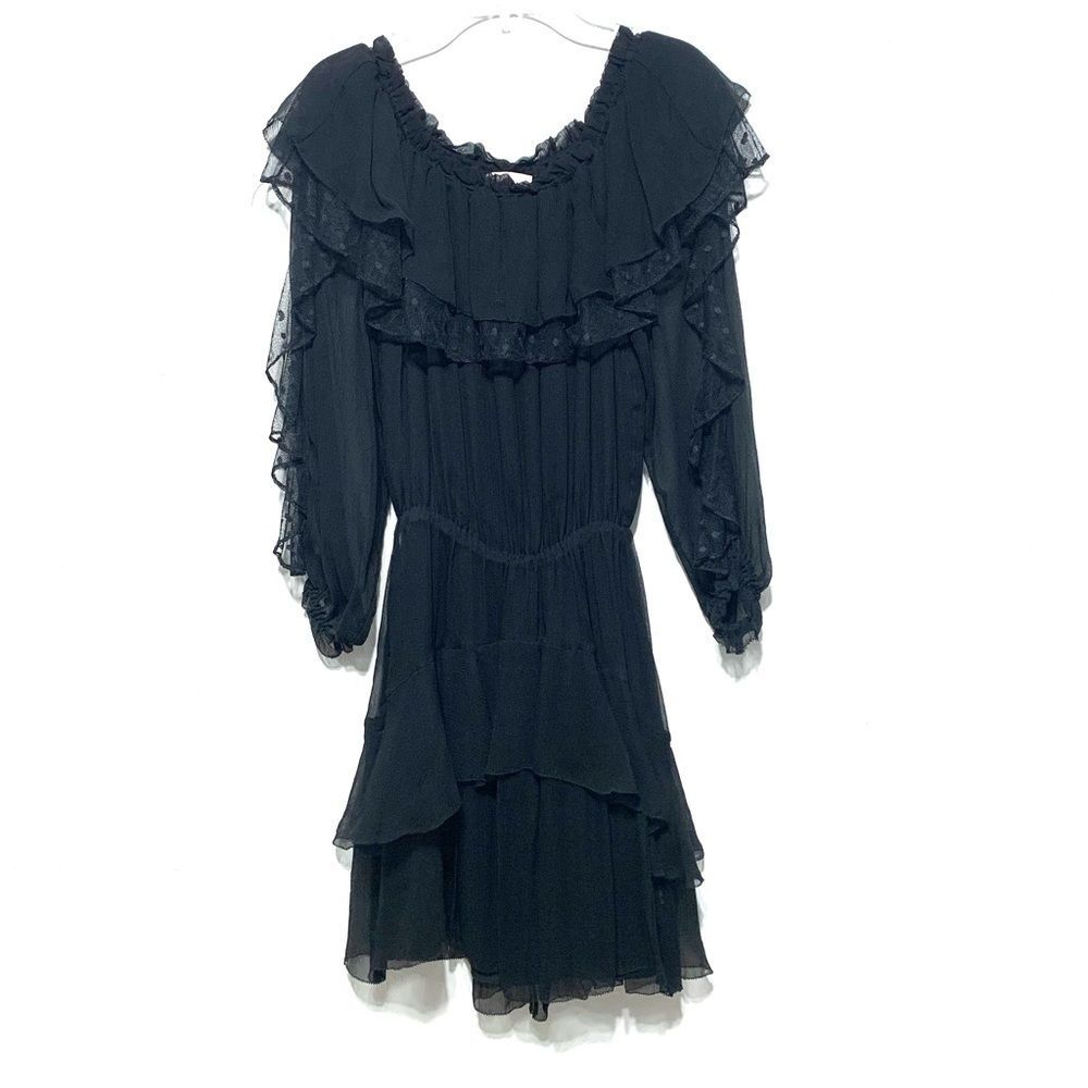 Parker Dress Black 100% Silk Lace Ruffle Fit Flare Cocktail Gothic Women sz XS